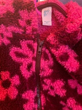 The Abouts Plush Zip-Up Jacket - Hot Pink & Burgundy Floral Sherpa